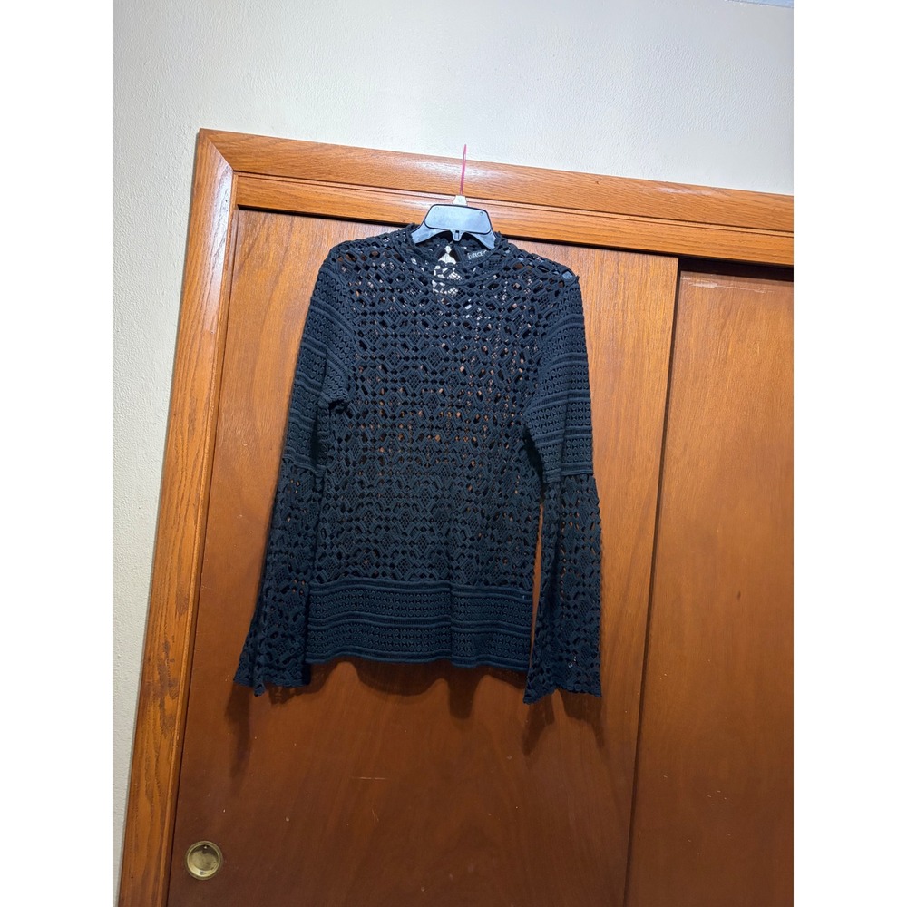 Dolce Cabo Black Crochet Knit High Neck Bell Sleeve Boho Top Small Goth Boho